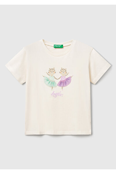 United Colors of Benetton Girl's Ecru Front Printed Tulle Appliqued Slit T-Shirt