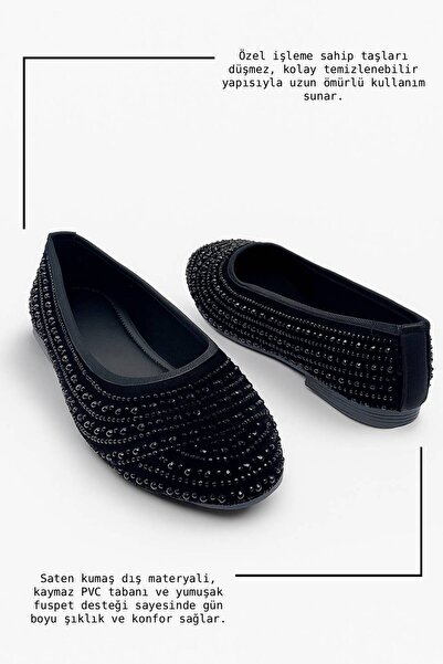 Nstil Günlük Siyah Kadın Babet Oval Burun Gümüş Taşlı Saten Ortopedik Hafif Ev Iş Ofis Ayakkabı 38