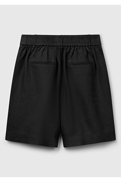 United Colors of Benetton Kadın Siyah %100 Keten Arka Beli Lastikli Pileli Relax Fit Bermuda Şort