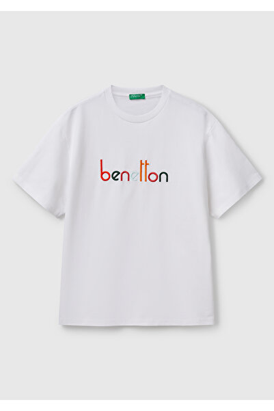 United Colors of Benetton Мъжка бяла тениска с бродирано лого отпред, голям размер, 100% памук