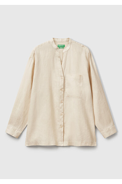 United Colors of Benetton Γυναικείο πουκάμισο με γιακά μανταρίνι με μπροστινή τσέπη 100% λινό