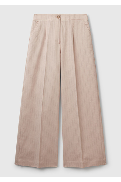 United Colors of Benetton Women's Beige Cotton and Linen Blend Palazzo Pants with Thin Stripes