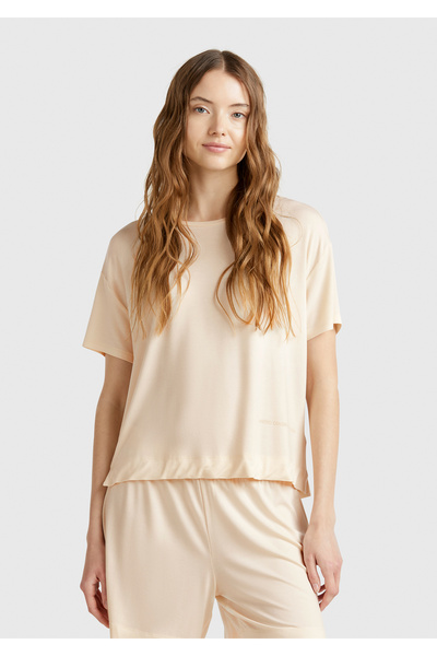 United Colors of Benetton Women's Ecru Logo Printed Crew Neck T-Shirt