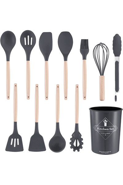 awwaline Set 12 ustensile de gatit din silicon, awwaline, maner rezistent din bambus, gri