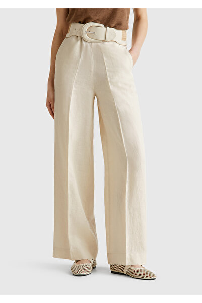 United Colors of Benetton Women's Stone Color 100% Linen Palazzo Trousers with Side Pockets and Elastic Back Waist