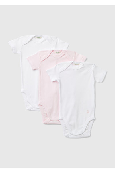 United Colors of Benetton Baby Pink-White Short Sleeve 3-Piece Snap Body