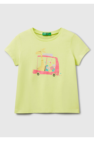 United Colors of Benetton تي شيرت بناتي مطبوع عليه رسومات جليتر أصفر