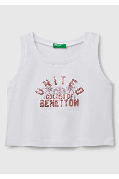 United Colors of Benetton قميص داخلي بناتي أبيض لامع مطبوع عليه شعار بينيتون