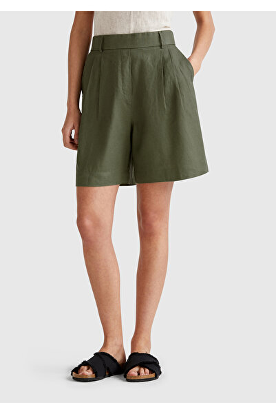 United Colors of Benetton Women's Khaki 100% Linen Back Waist Elastic Pleated Relax Fit Bermuda Shorts