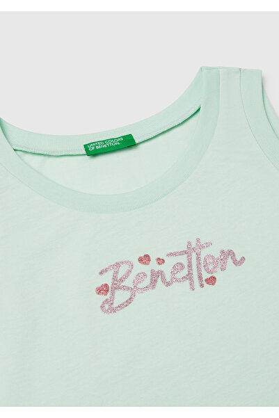 United Colors of Benetton Girl's Aqua Green Glittered Benetton Logo Printed Tank Top