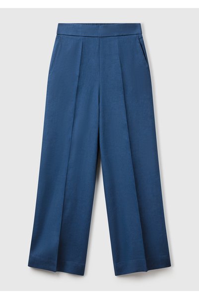 United Colors of Benetton Women's Denim 100% Linen Palazzo Trousers with Side Pockets and Elastic Back Waist