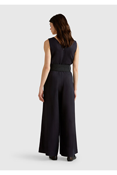 United Colors of Benetton Women's Black 100% Linen Belted Size Fitting Wide Leg V-Neck Jumpsuit