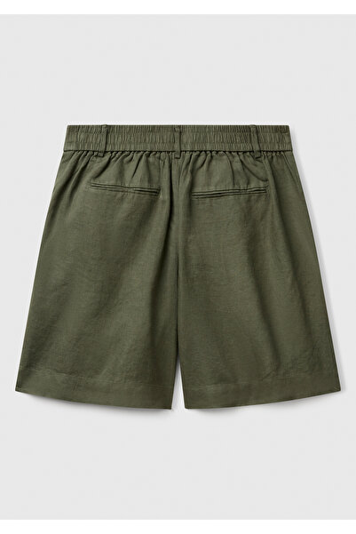United Colors of Benetton Women's Khaki 100% Linen Back Waist Elastic Pleated Relax Fit Bermuda Shorts