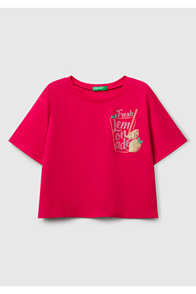 United Colors of Benetton Κοριτσίστικο μπλουζάκι με λαιμόκοψη με φούξια γυαλι...