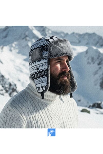 Kardelen Butik Denizli 70% Cotton 30% Acrylic Windproof Patterned Russian Pilot Hat with Fur Inside (for Women and Men)