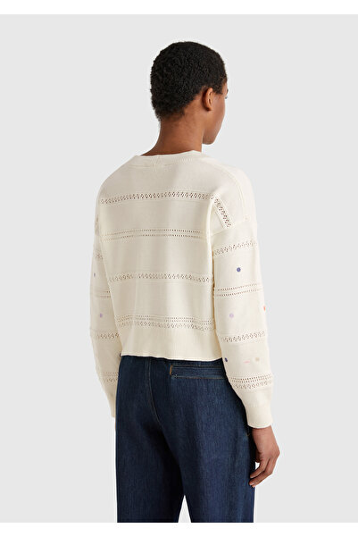 United Colors of Benetton Women's Cream 100% Cotton Floral Embroidered Rib Detailed Off-Shoulder Cardigan