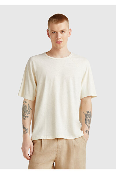 United Colors of Benetton Ανδρικό μπλουζάκι με χαλαρή εφαρμογή από βαμβάκι και λινό σε χρώμα πέτρας με μανίκια ρεγκλάν