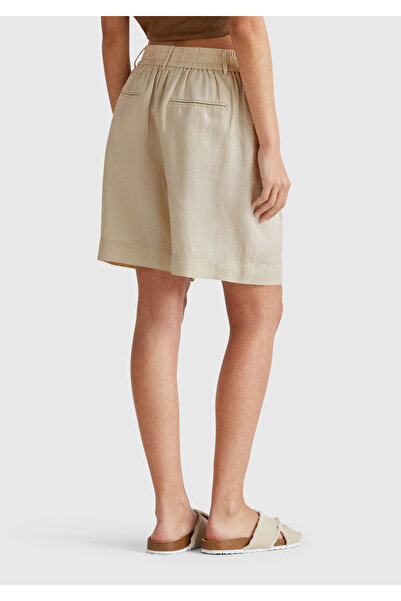 United Colors of Benetton Women's Stone Color 100% Linen Back Waist Elastic Pleated Relax Fit Bermuda Shorts