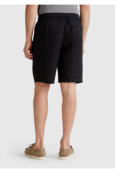 United Colors of Benetton Men's Black 100% Linen Drawstring Buttoned Bermuda Shorts with Pleat Detail