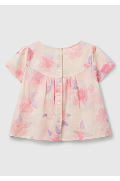 United Colors of Benetton Κοριτσίστικη ροζ μίξη μπλούζα μουσελίνας με πλισέ και κουμπιά στην πλάτη