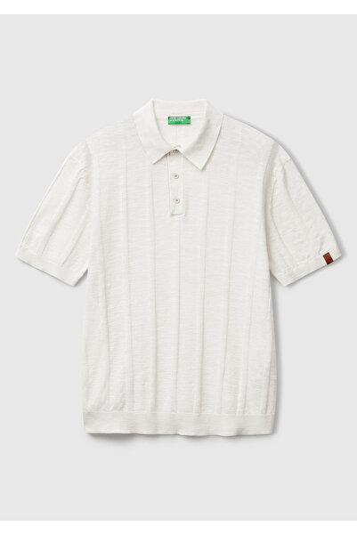 United Colors of Benetton Ανδρικό Πουλόβερ Πόλο Κανονικής Γραμμής με Κουμπιά και Κρεμ Λινό σε Αντίθεση