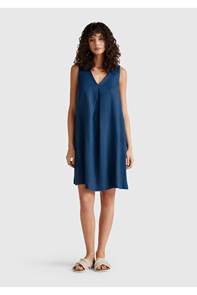 United Colors of Benetton Women's Denim 100% Linen Side Zipper A-Line V-Neck Short Dress