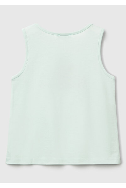 United Colors of Benetton Girl's Aqua Green Glittered Benetton Logo Printed Tank Top