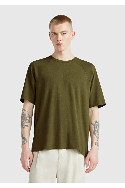 United Colors of Benetton Ανδρικό μπλουζάκι με μανίκια χακί βαμβακερό και λινό με μείγμα Raglan Relax Fit