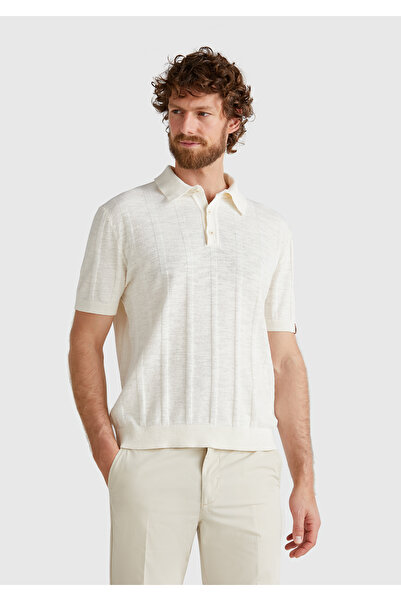 United Colors of Benetton Ανδρικό Πουλόβερ Πόλο Κανονικής Γραμμής με Κουμπιά και Κρεμ Λινό σε Αντίθεση