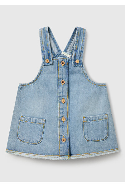 United Colors of Benetton Baby Denim Fringed Salopet with Logo Label on the Back and Patch Pocket
