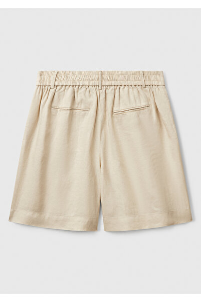 United Colors of Benetton Women's Stone Color 100% Linen Back Waist Elastic Pleated Relax Fit Bermuda Shorts