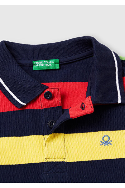 United Colors of Benetton Erkek Çocuk Koyu Renkli Mix Çizgili Logo İşlemeli Polo T-Shirt