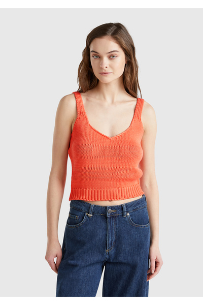 United Colors of Benetton قميص داخلي نسائي برتقالي 100% قطن مخطط محبوك ومريح ...