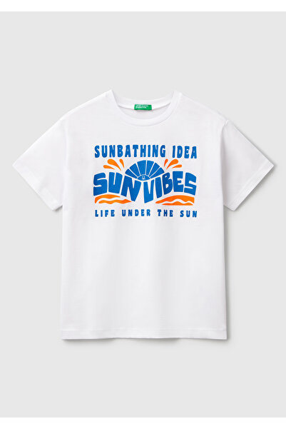 United Colors of Benetton Αγόρι λευκό γραφικό μπλουζάκι με κοντό μανίκι