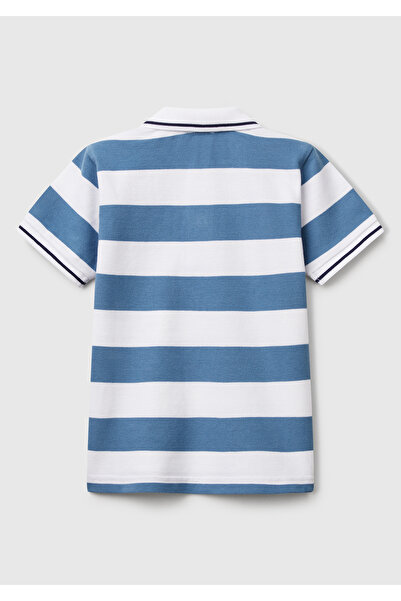 United Colors of Benetton Erkek Çocuk Mavi Mix Çizgili Logo İşlemeli Polo T-Shirt