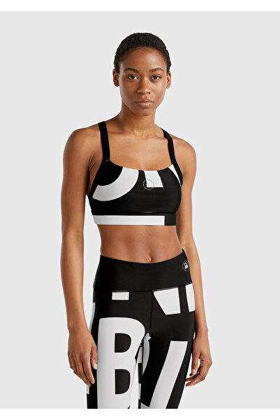 United Colors of Benetton Women's Black Patterned Crop Tank Top with Logo Printed on the Front