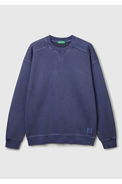 United Colors of Benetton Erkek İndigo Pamuklu Logo Etiketi Detaylı Bisiklet Yaka Sweatshirt