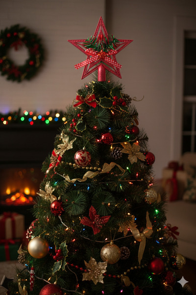 Deniz Party Store Yılbaşı Çam Ağacı Kırmızı Renk Yıldız Tepelik Fiyonklu 1 Adet 15 Cm Plastik