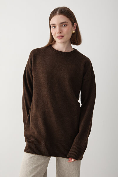 JASTE Kadın Kahverengi Bisiklet Yaka Oversize Triko Kazak