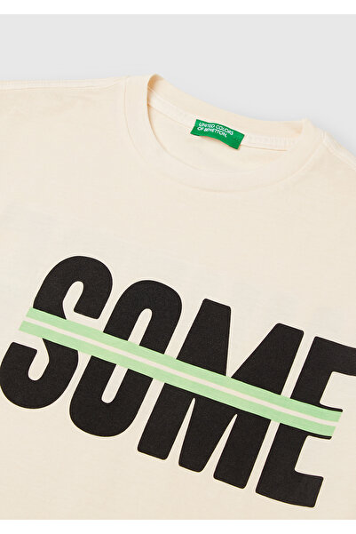 United Colors of Benetton Boy's Ecru Slogan Printed Faded Effect T-Shirt