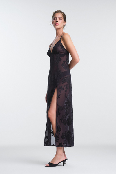Penti Black Amara Floral Patterned Long Nightdress with Adjustable Straps