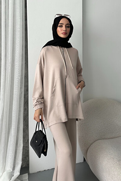 Mogi Butik Women's Modal Combed Oversize Hooded Hijab Tunic Set 3093