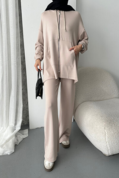 Mogi Butik Women's Modal Combed Oversize Hooded Hijab Tunic Set 3093