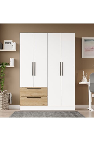 Yurupa Krish 4 Kapaklı 2 Çekmeceli Gardırop Elbise Dolabı Sepet-Beyaz KRI4-SW