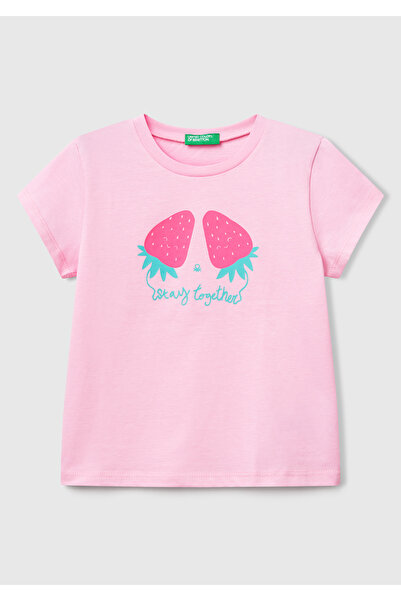 United Colors of Benetton Girl's Pink Graphic Printed Short Sleeve T-Shirt