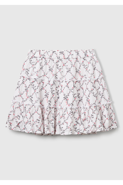 United Colors of Benetton Girl's White Mix Viscous All Printed Crepe Layered Skirt