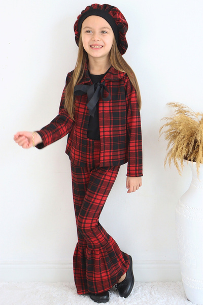 Parla Kids Girl's Red Lisbon Jacquard Plaid Jacket Trousers Cap Bottom Top Christmas Set