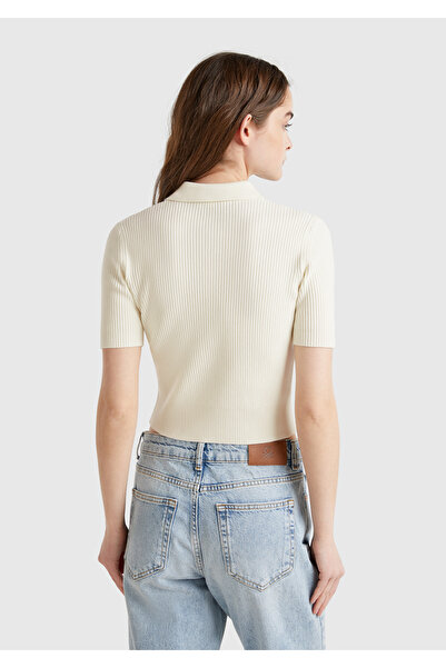 United Colors of Benetton Pulover cu mânecă scurtă, cu guler polo, cu detaliu cu nervuri, crem, cu model diamant