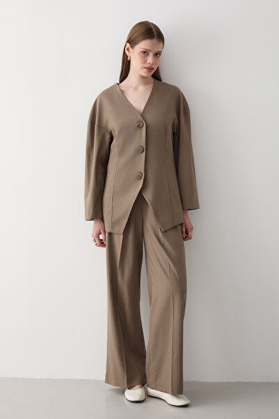 JASTE Women's Khaki V Neck Button down Jacket & Elastic Waist Pants Bottom & Top Set