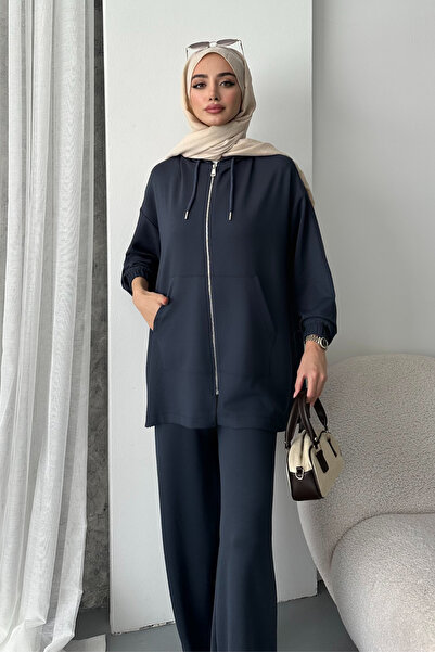 Mogi Butik Women's Modal Combed Oversize Hooded Hijab Tunic Set 3093
